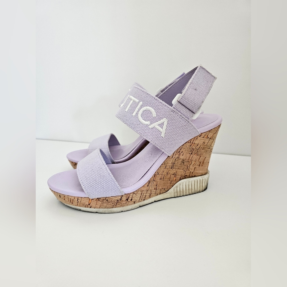 Nautica Lilac Lavender Cork Wedge Sandals - Size 8 - Sporty Logo Straps - Summer
